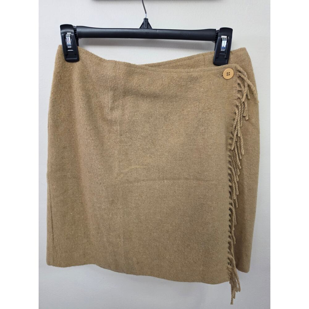 NY & Co Tan Fringe Wrap Skirt Size 8 – Wool Blend Boho Western Cowgirl Style - Picture 2 of 5